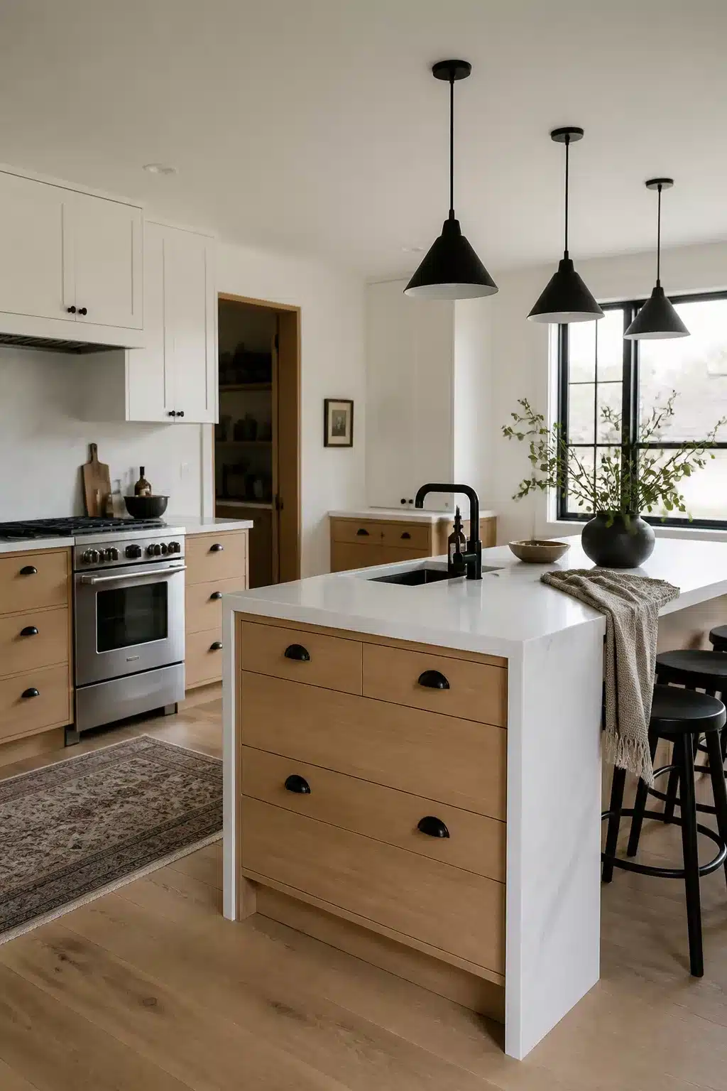 Wood kitchen with black hardware featuring a natural wood island base, white marble top, and matte black cone pendants