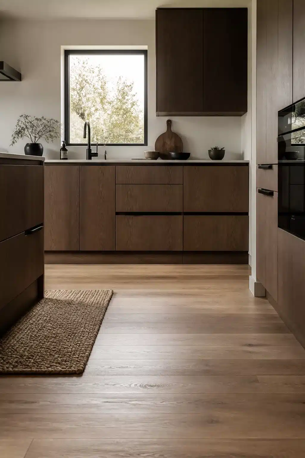 Smoked oak flat-front wood kitchen with matte black hardware, light oak floors, and pale stone countertops