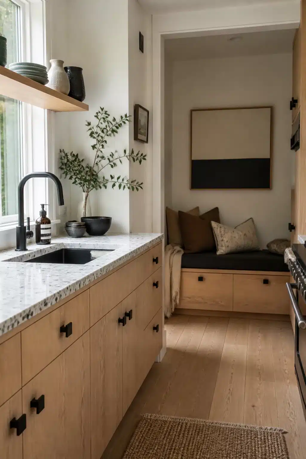 Ash wood kitchen with black square hardware and terrazzo countertop — wood kitchens with black hardware inspiration