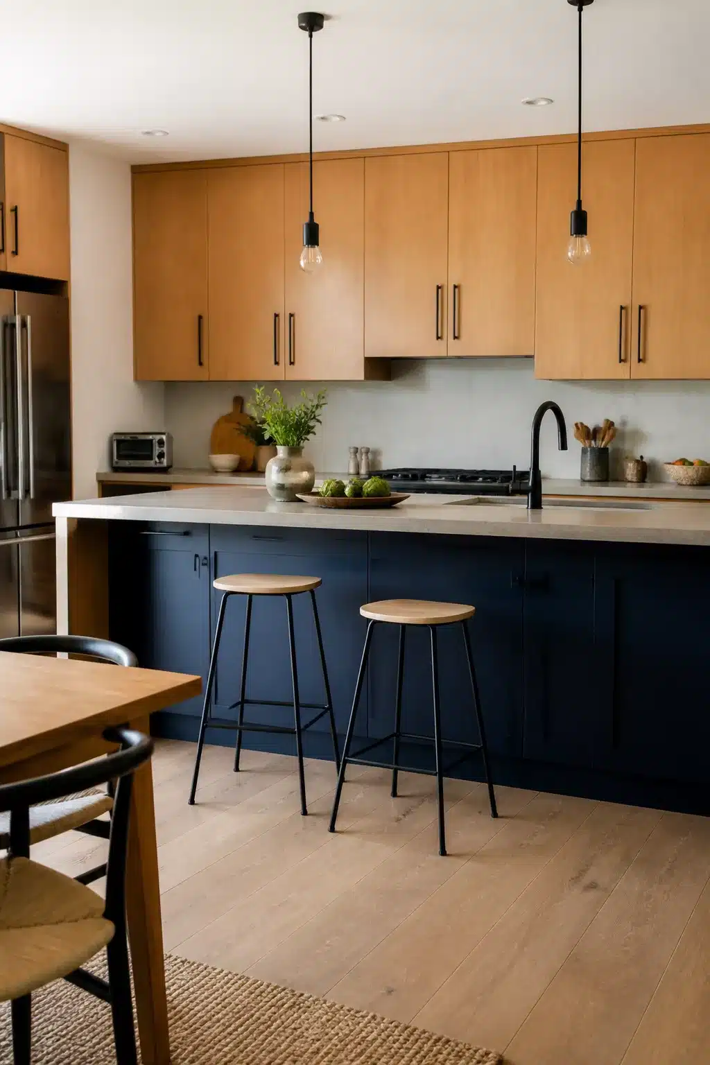 Honey maple upper cabinets with navy lower cabinets and black hardware in a modern wood kitchen with black hardware.