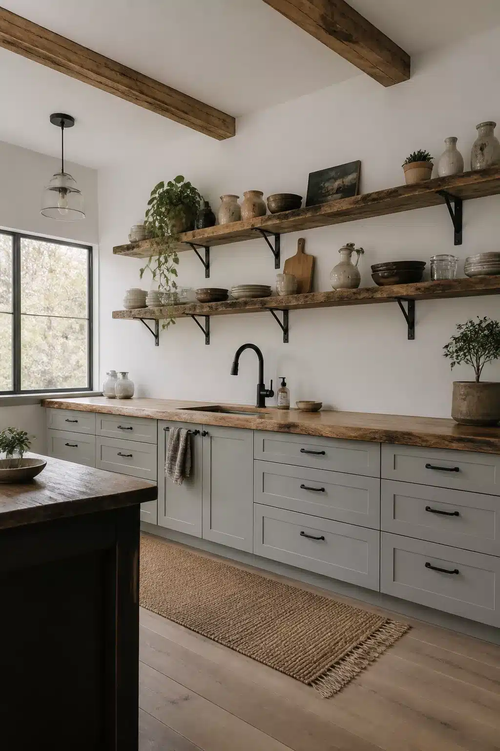 Gray shaker kitchen with reclaimed wood floating shelves, black iron brackets, and black hardware — wood kitchens with black hardware