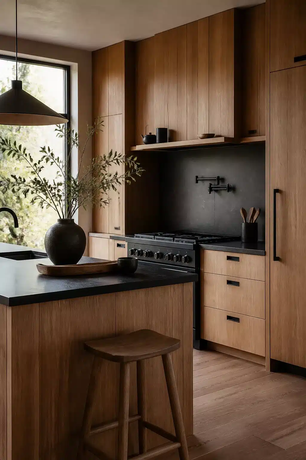 Wood kitchen with black hardware featuring cedar flat-front cabinets, black stone backsplash, and honed black counters