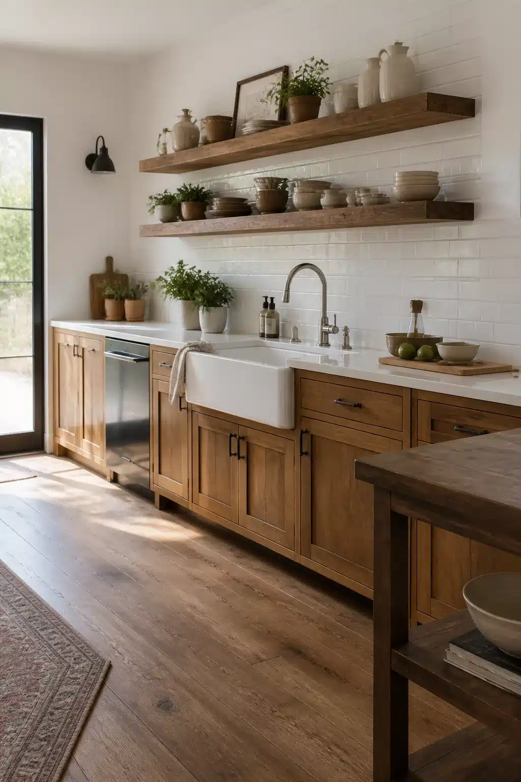 Wood kitchens with open shelving — chunky oak floating shelves above white subway tile with a farmhouse sink