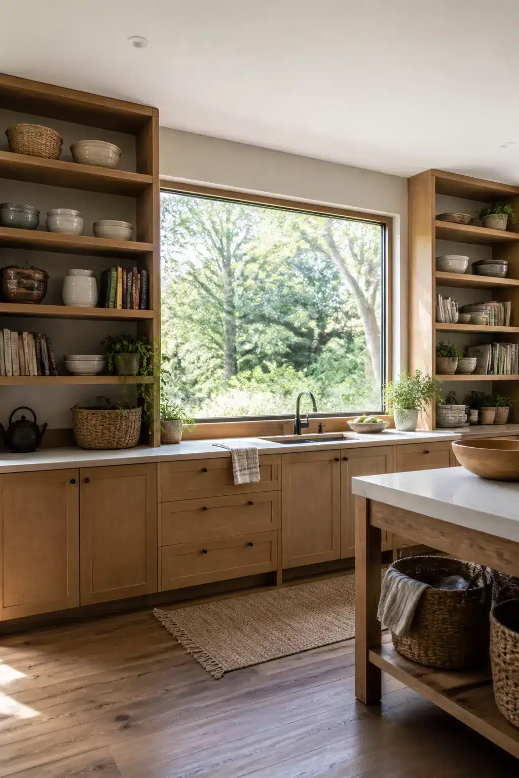 Wood kitchen with open shelving built in flanking a large picture window with garden views and warm oak cabinets