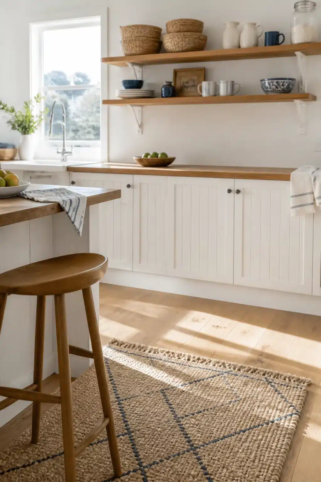 Wood kitchens with open shelving — warm honey-toned shelves, beadboard cabinets, and a jute rug in a bright coastal kitchen