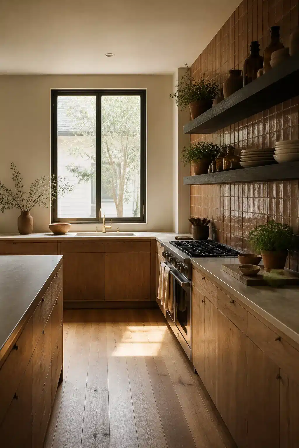 Wood kitchen with open shelving — black-stained shelves against terracotta zellige tiles with oak cabinets