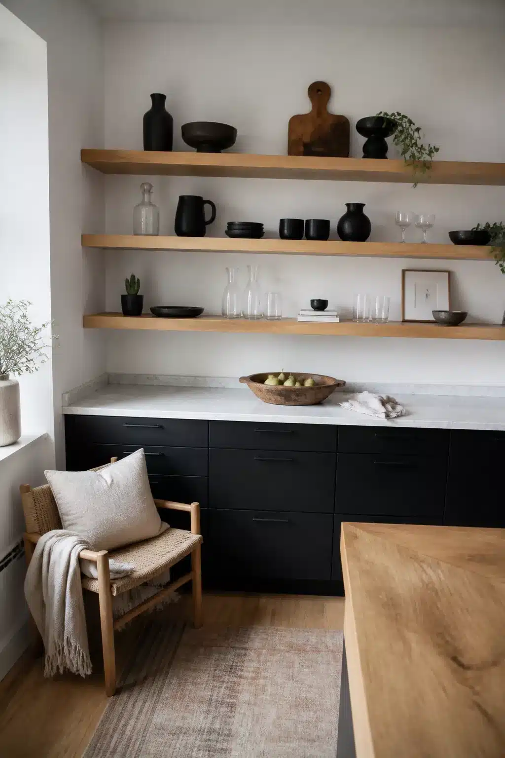 Wood kitchens with open shelving — natural wood floating shelves above matte black cabinets with marble countertop