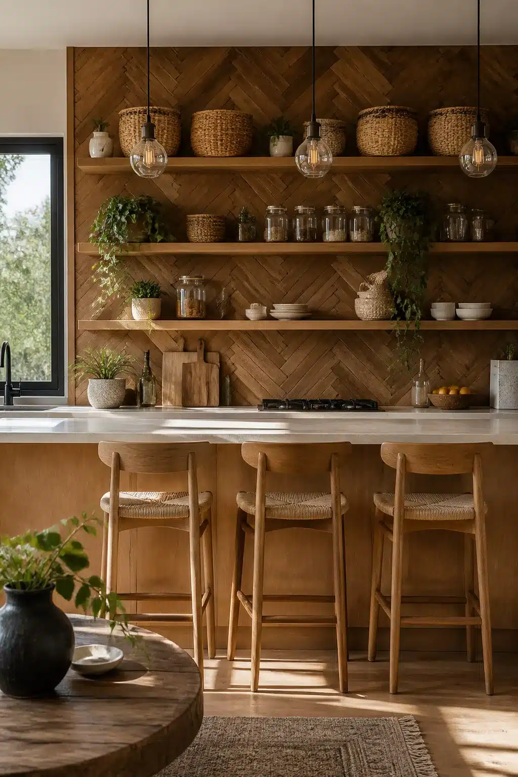 Wood kitchen with open shelving featuring a chevron-patterned wood feature wall, rattan baskets, and globe pendants.