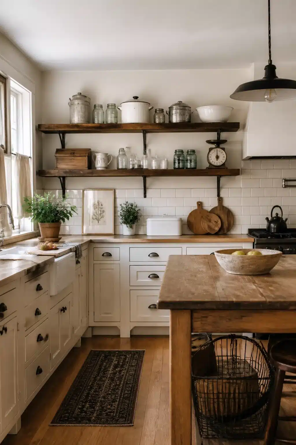 Rustic wood kitchen with open shelving, chestnut shelves, vintage crockery, white shaker cabinets & wood island