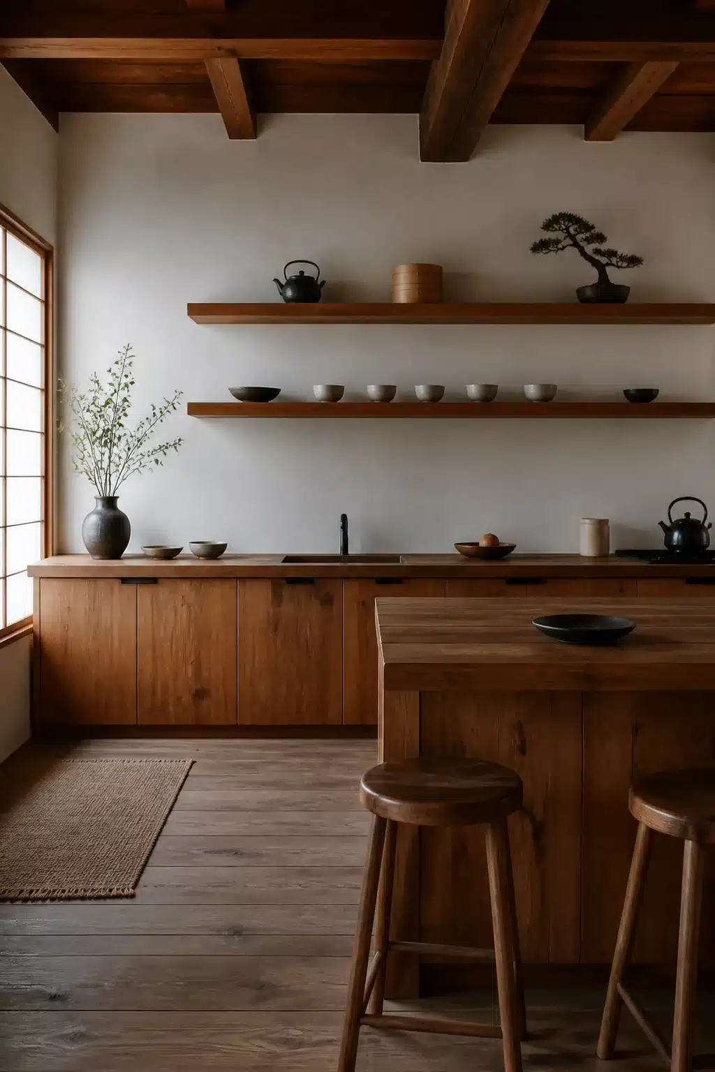 Japanese-inspired wood kitchen with open shelving, exposed ceiling beams, ceramic cups, and a bonsai on floating shelves.