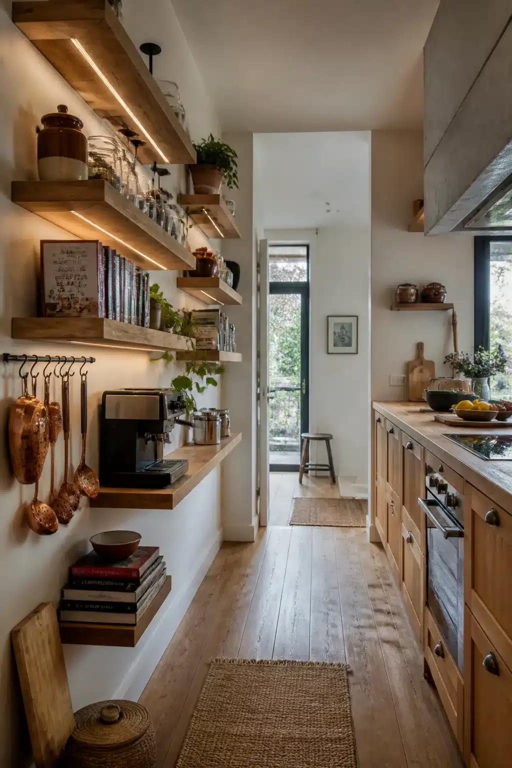 Narrow galley kitchen with LED-lit staggered wood open shelving, copper pots, and light oak cabinets