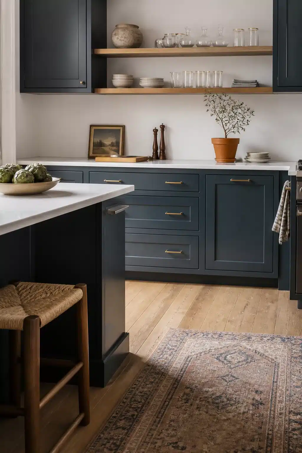 Navy blue shaker cabinets with warm oak open shelving in a wood kitchen with open shelving and brass hardware