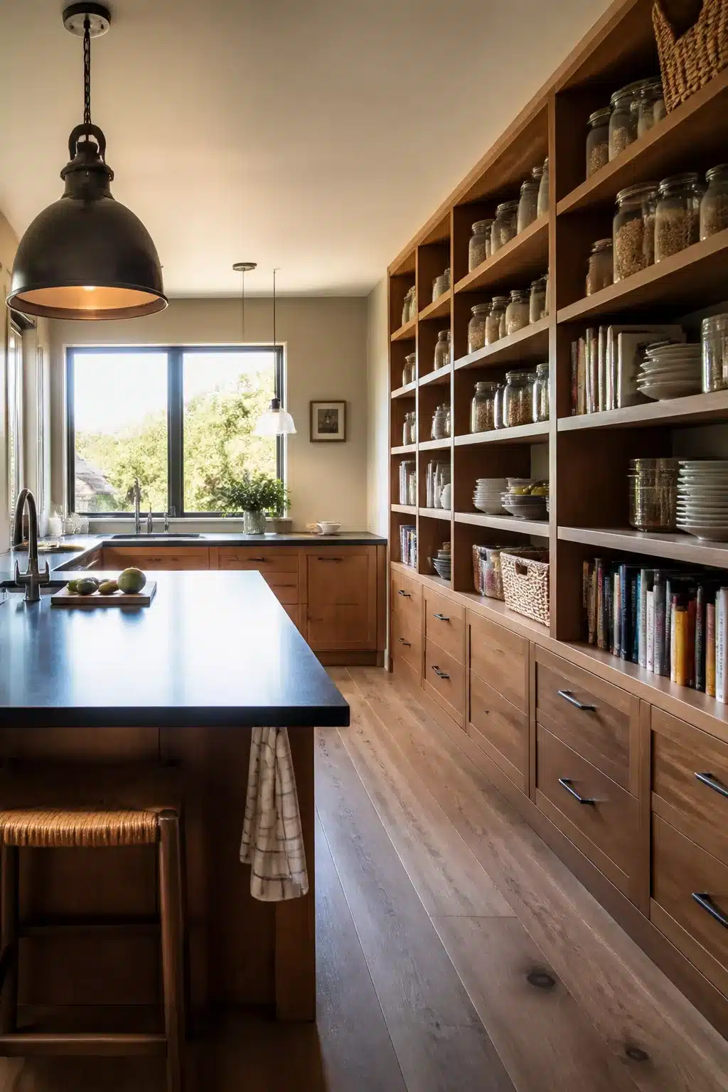 Floor-to-ceiling open pantry shelving in a large wood kitchen with dark island countertops and glass jar storage