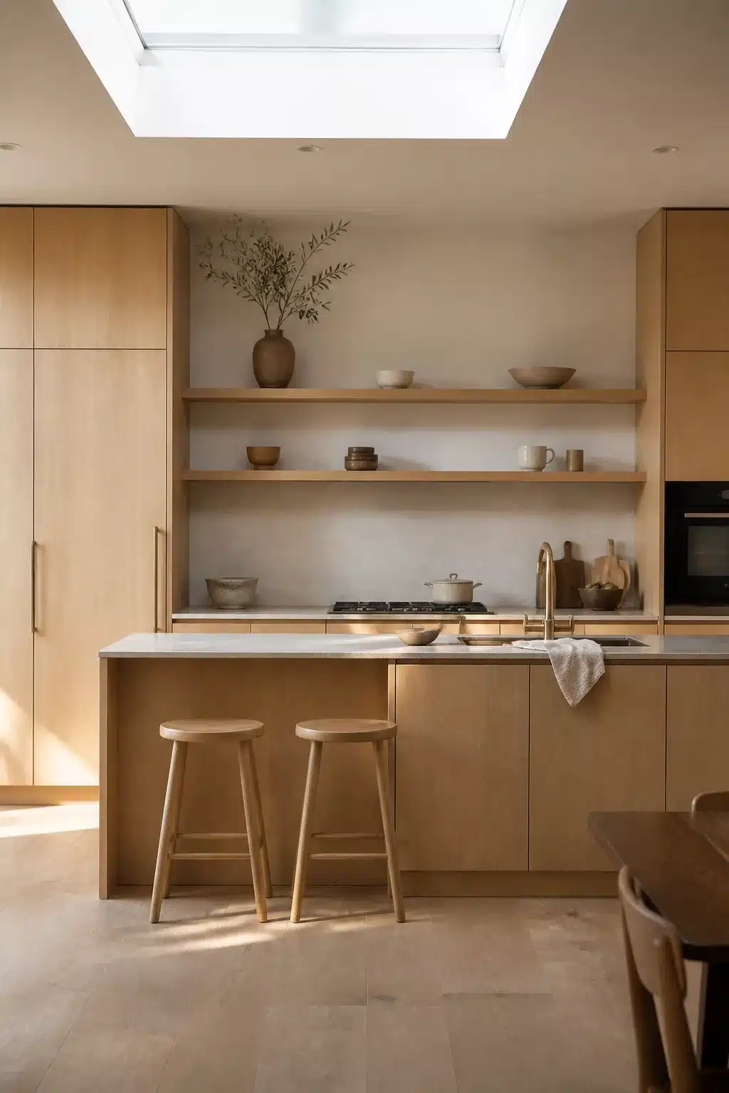Pale ash wood kitchen with open shelving, limewash plaster walls, and a skylight — minimalist wood kitchen inspo