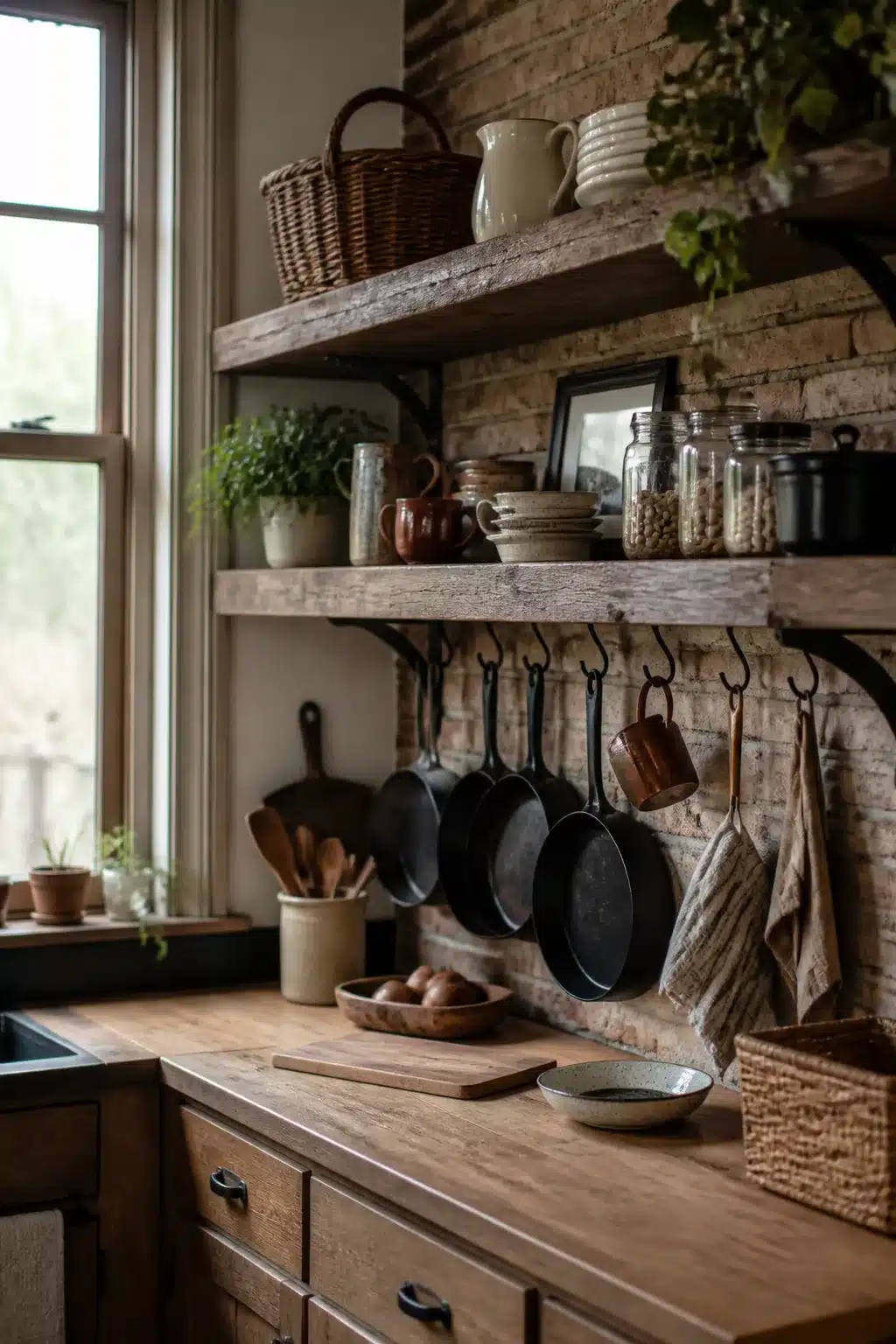 Rustic wood kitchens with open shelving, weathered shelves on black iron brackets above exposed brick backsplash