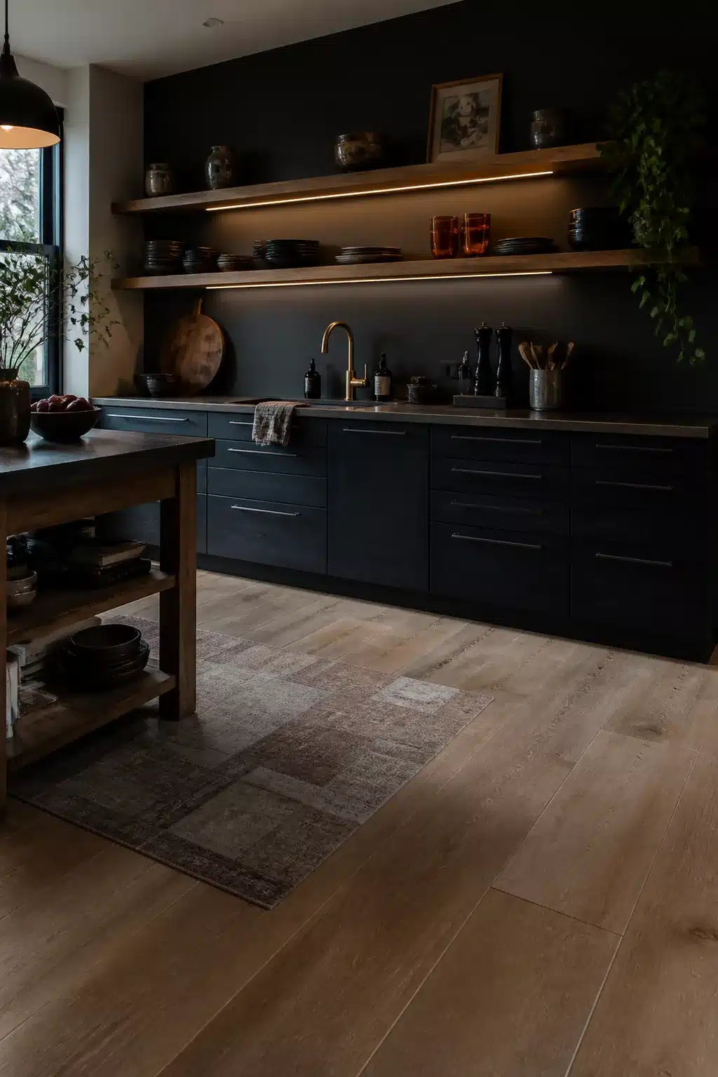 Dark kitchen with warm-toned open wood shelving, under-shelf lighting, and matte black cabinets — wood kitchens with open shelving