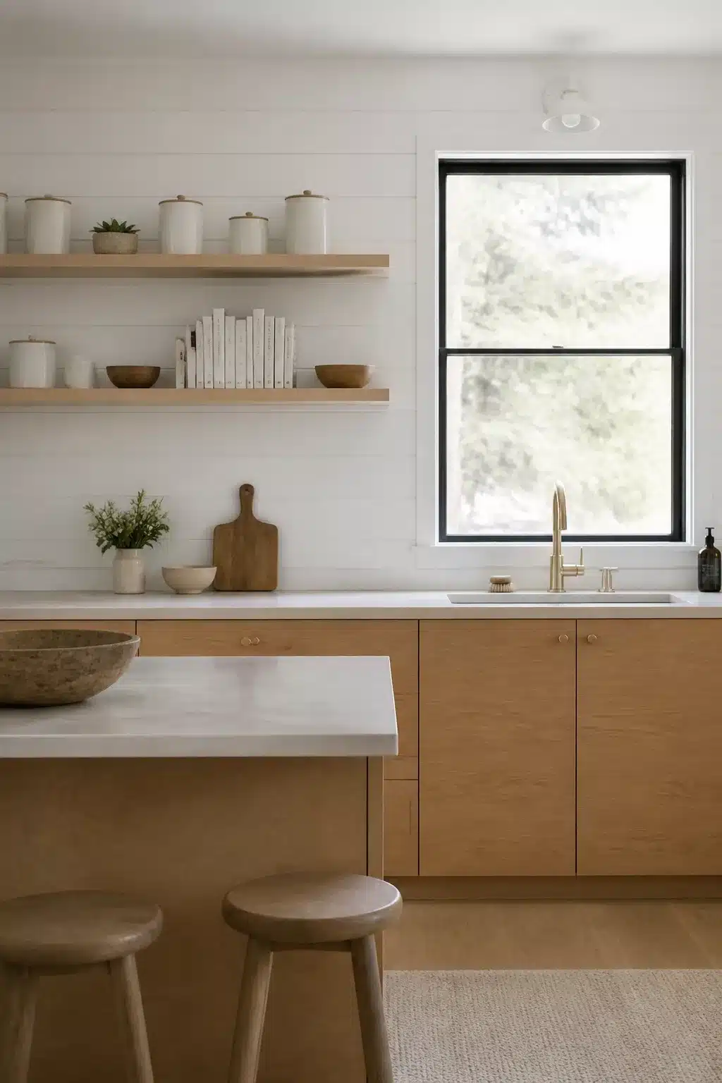 Light plywood kitchen with thin floating open shelves and shiplap walls — wood kitchens with open shelving idea