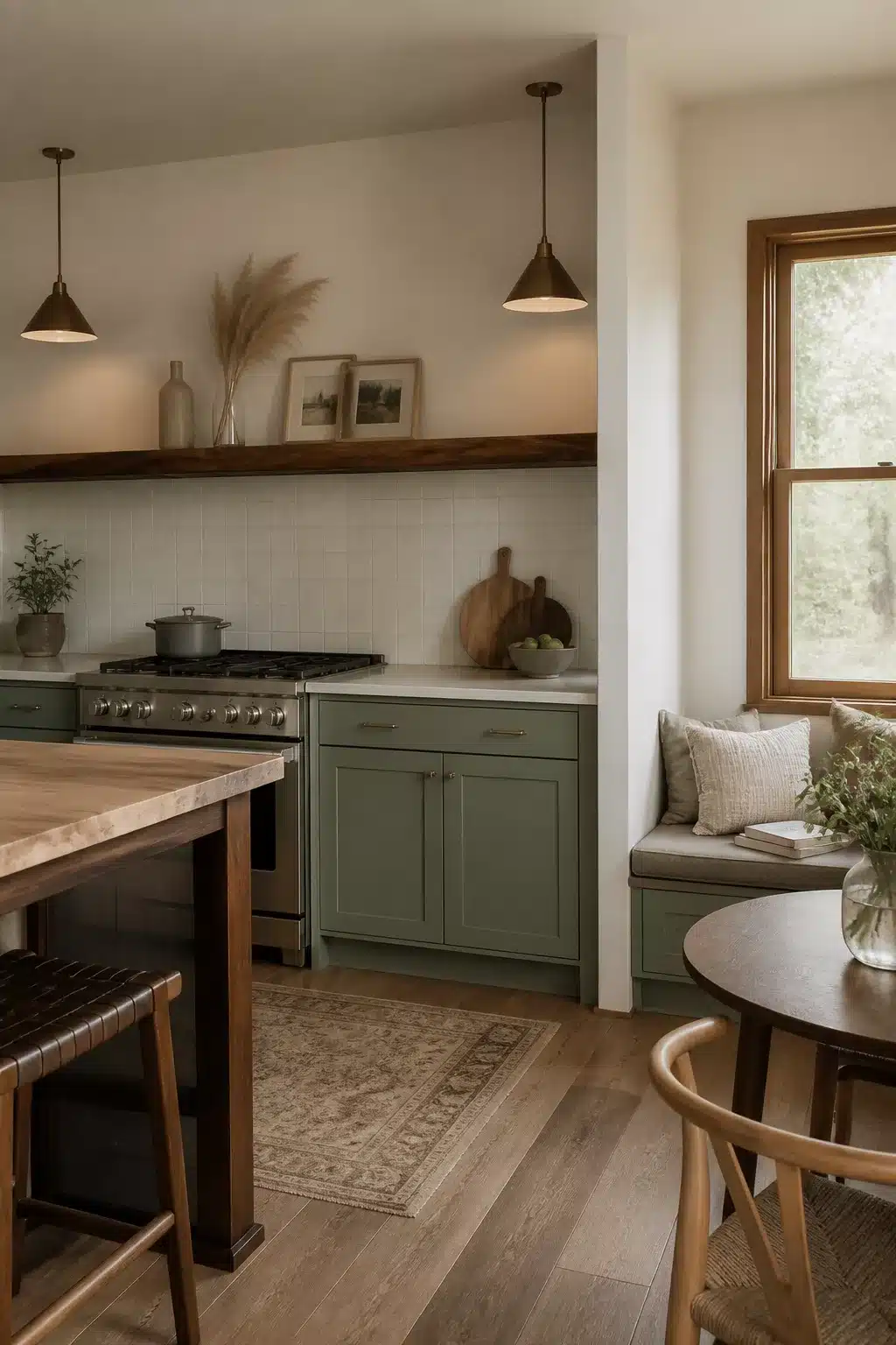 Wood kitchen with open shelving featuring a single dark walnut shelf above sage green cabinets and white tile backsplash.