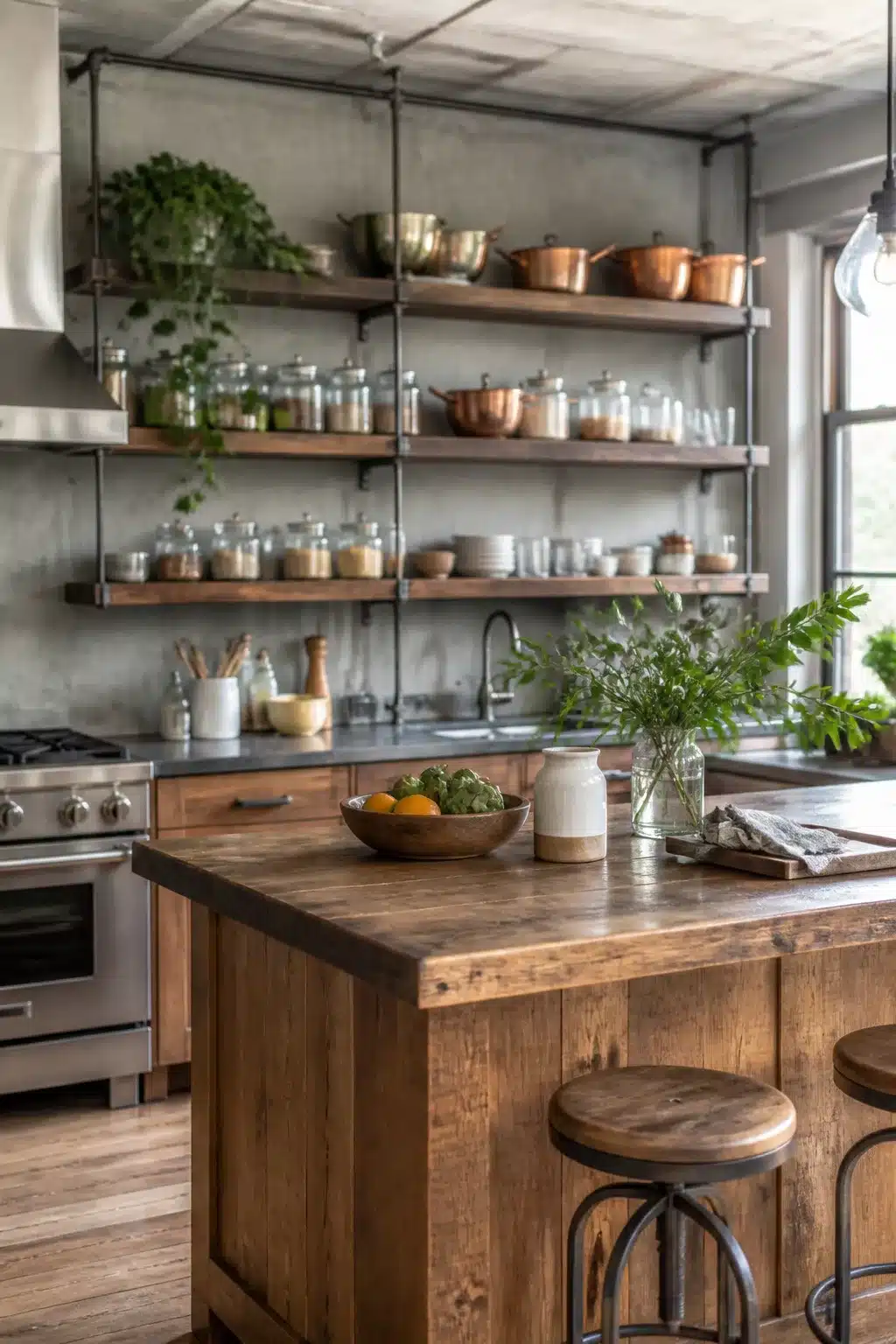 Reclaimed wood island and pipe-bracket open shelving in an industrial wood kitchen with copper pots and glass jars