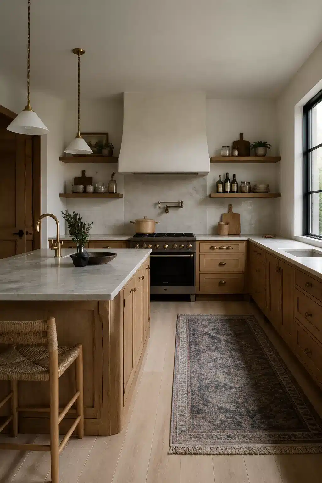 Blonde oak wood kitchen with open shelving flanking a plaster range hood, brass hardware, and marble island