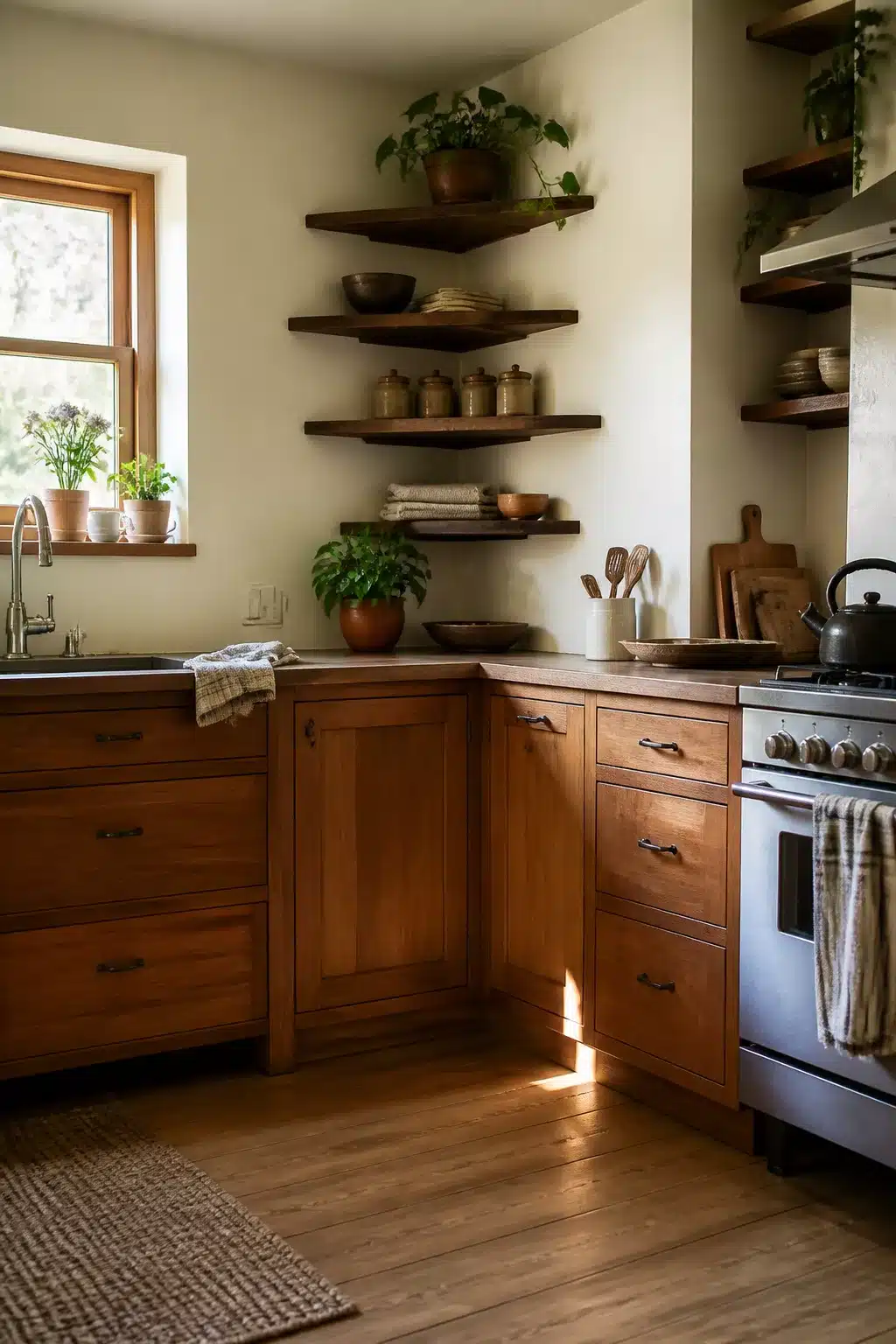 Corner floating shelves in a warm wood kitchen with open shelving, honey cabinets, and cream walls.