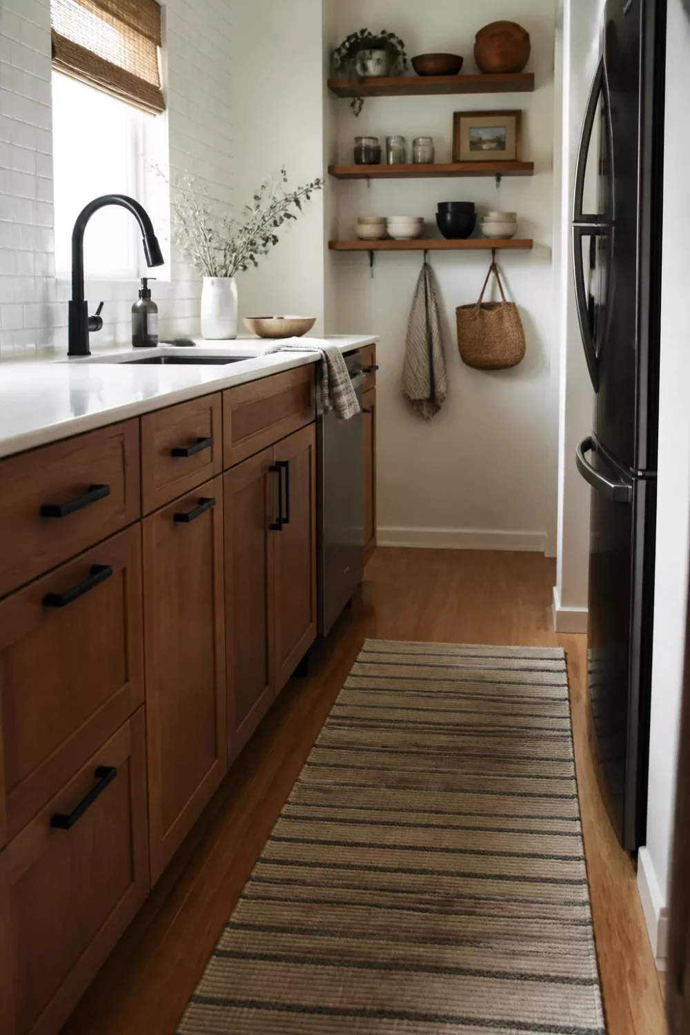 Matte black pull-out kitchen faucet with walnut shaker cabinets in a small galley kitchen — black kitchen faucets