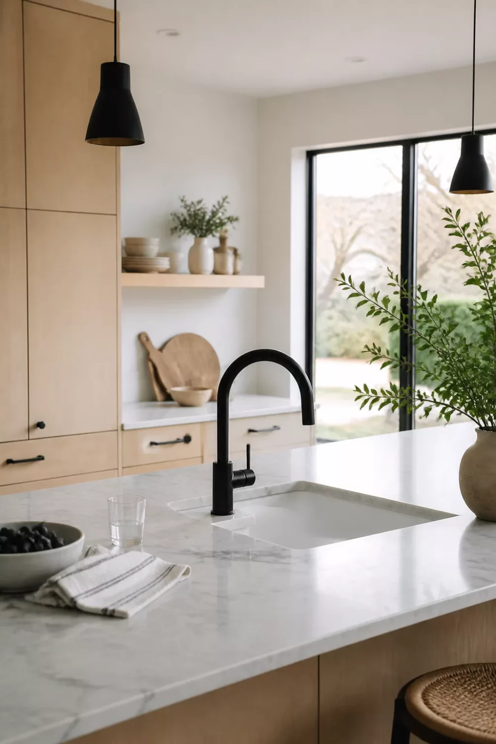 Matte black arc kitchen faucet on a white marble island with light wood cabinets — black kitchen faucets inspiration