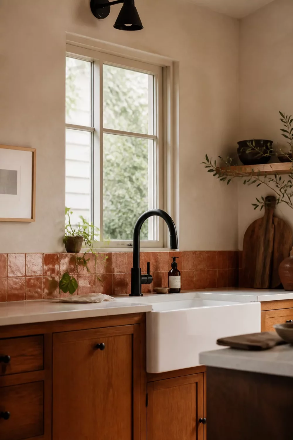 Matte black kitchen faucet over farmhouse sink with terracotta square tile backsplash and warm wood cabinets