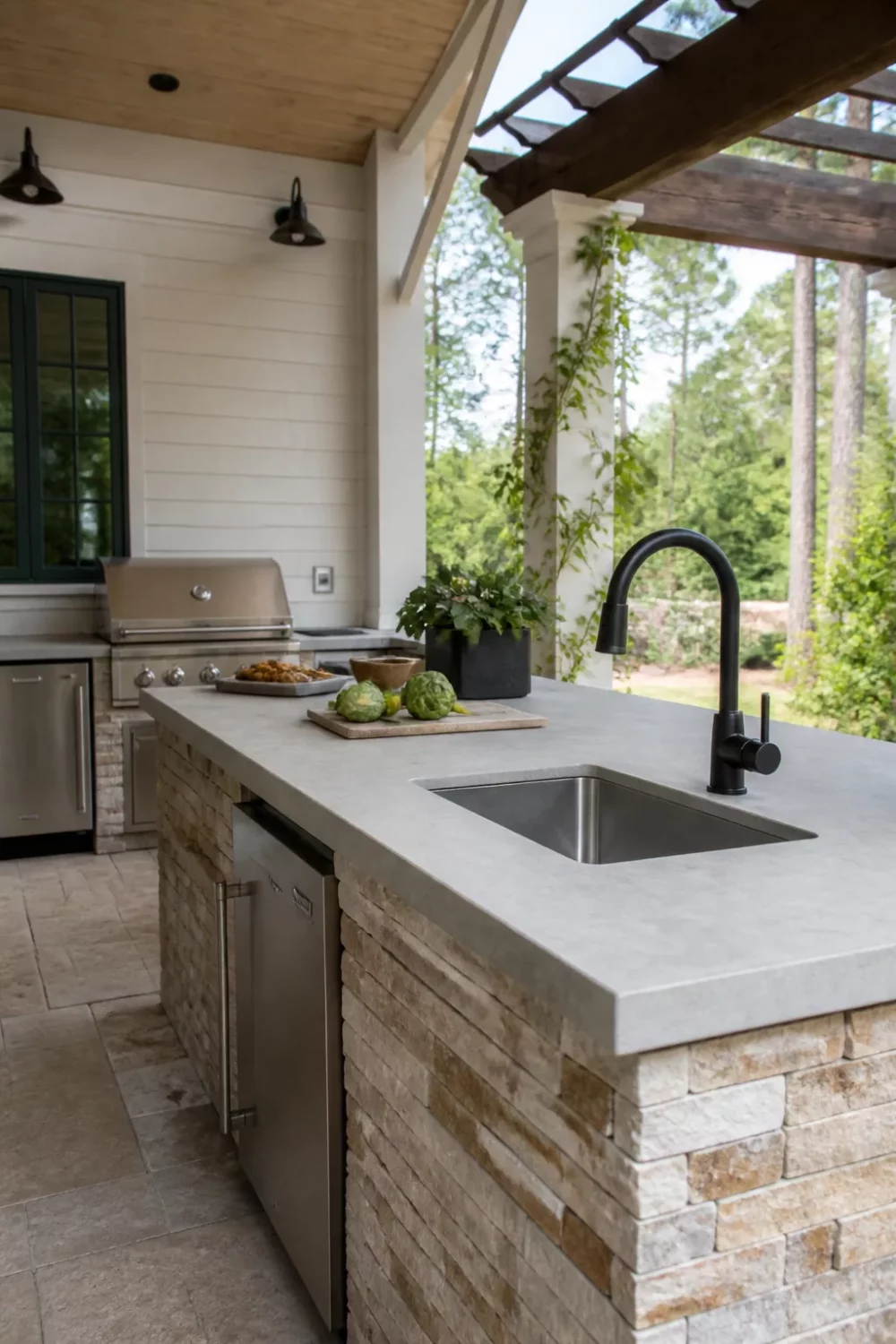 Matte black kitchen faucet over stainless sink in an outdoor kitchen with stacked stone island and concrete countertop