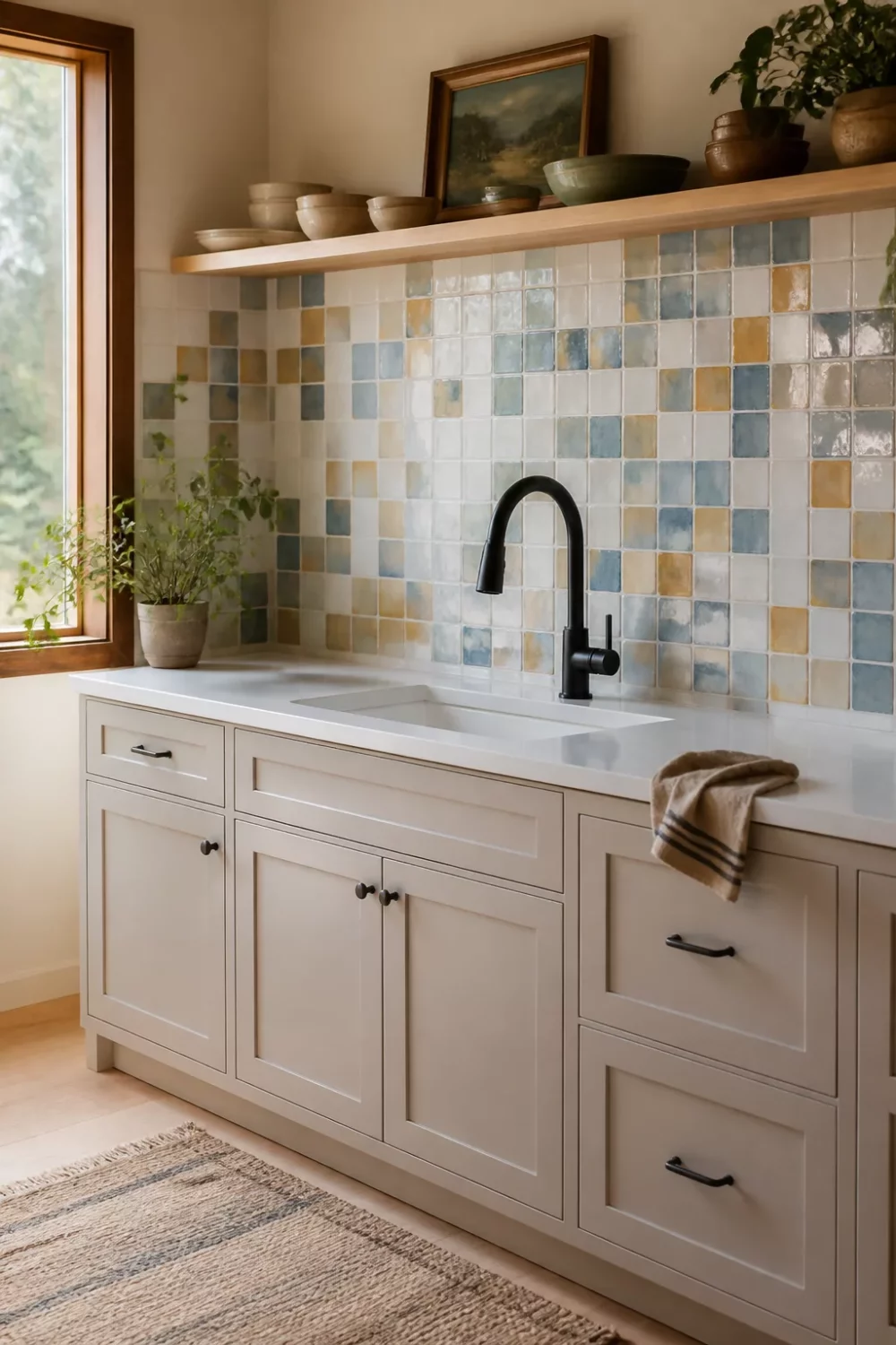 Matte black kitchen faucet against a colorful blue and gold zellige tile backsplash with putty shaker cabinets.