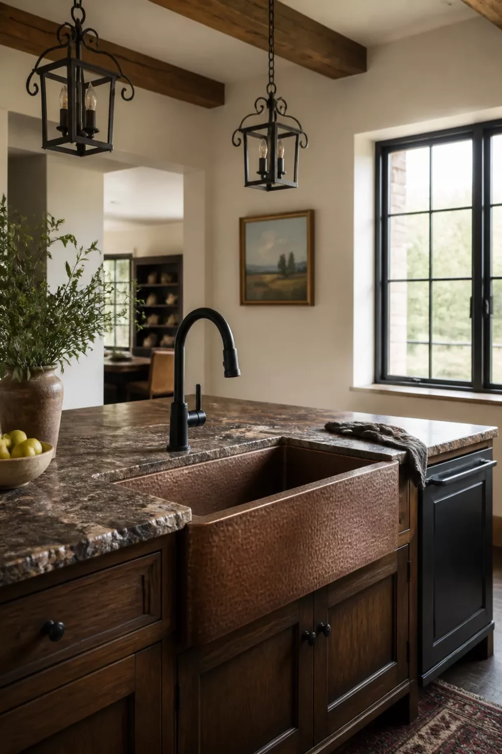 Matte black kitchen faucet over hammered copper farmhouse sink with dark granite counters and wood beams.