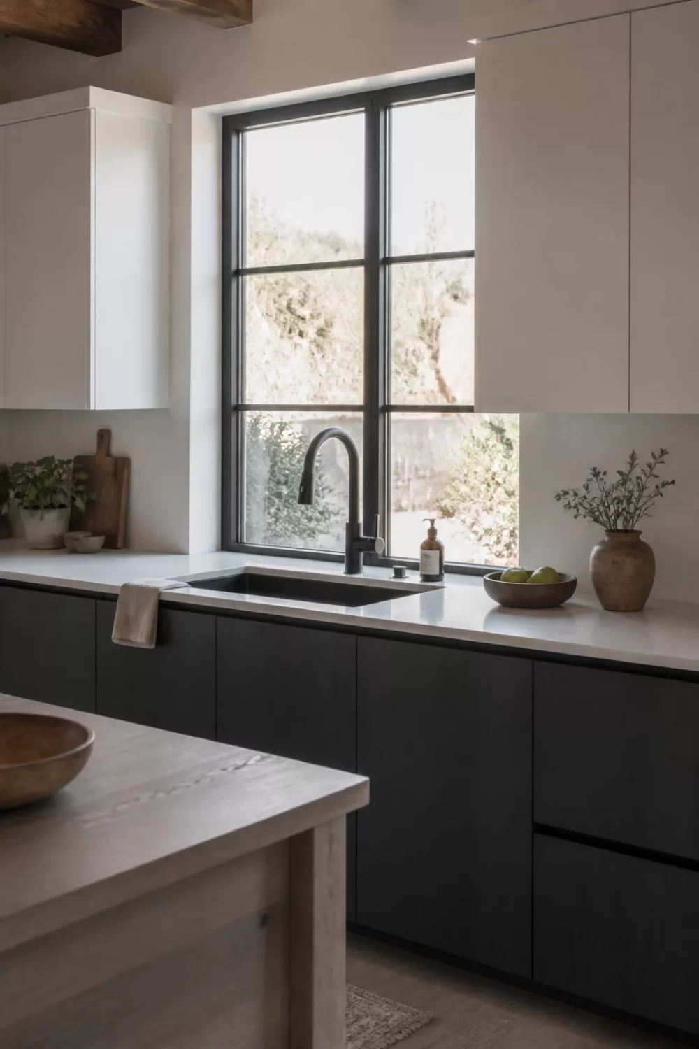 Matte black pull-down kitchen faucet over a white quartz counter with dark flat-front cabinets — black kitchen faucets