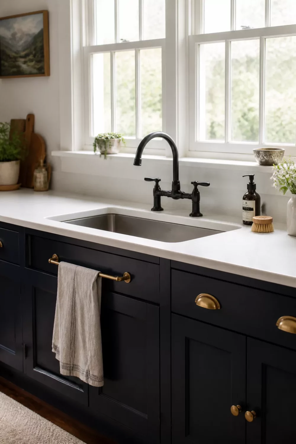 Matte black bridge faucet over stainless sink on navy cabinets with brass pulls — black kitchen faucets inspiration
