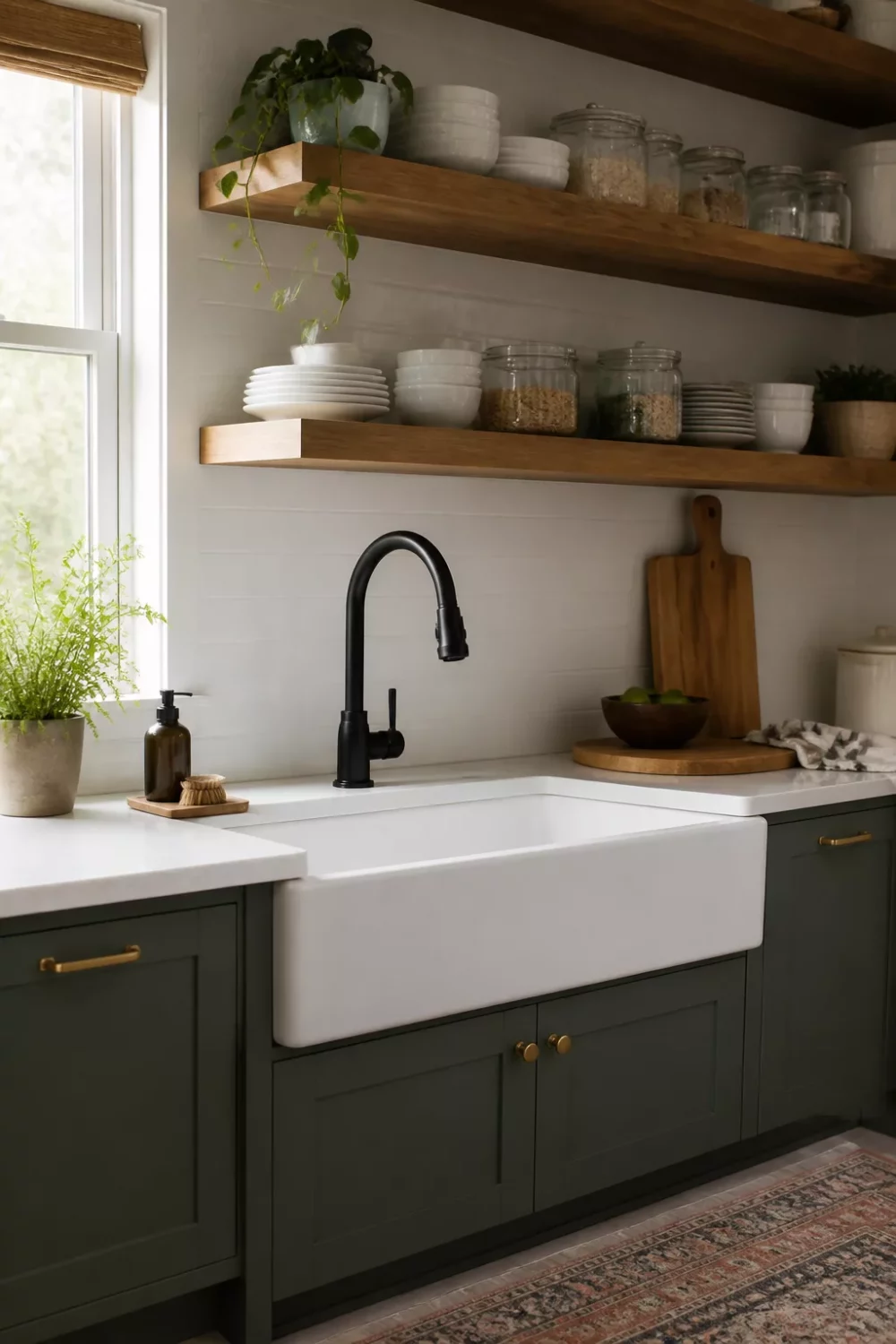 Matte black kitchen faucet over a farmhouse sink with walnut open shelving and dark green cabinets.