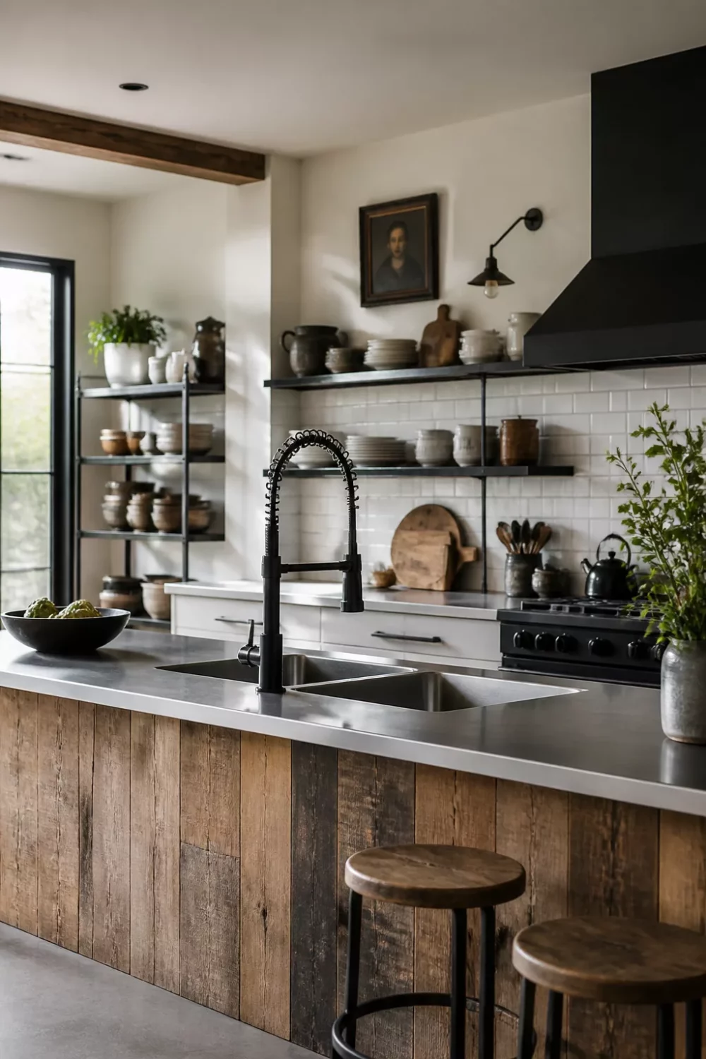 Commercial spring black kitchen faucet over double sink with reclaimed wood island and concrete countertops