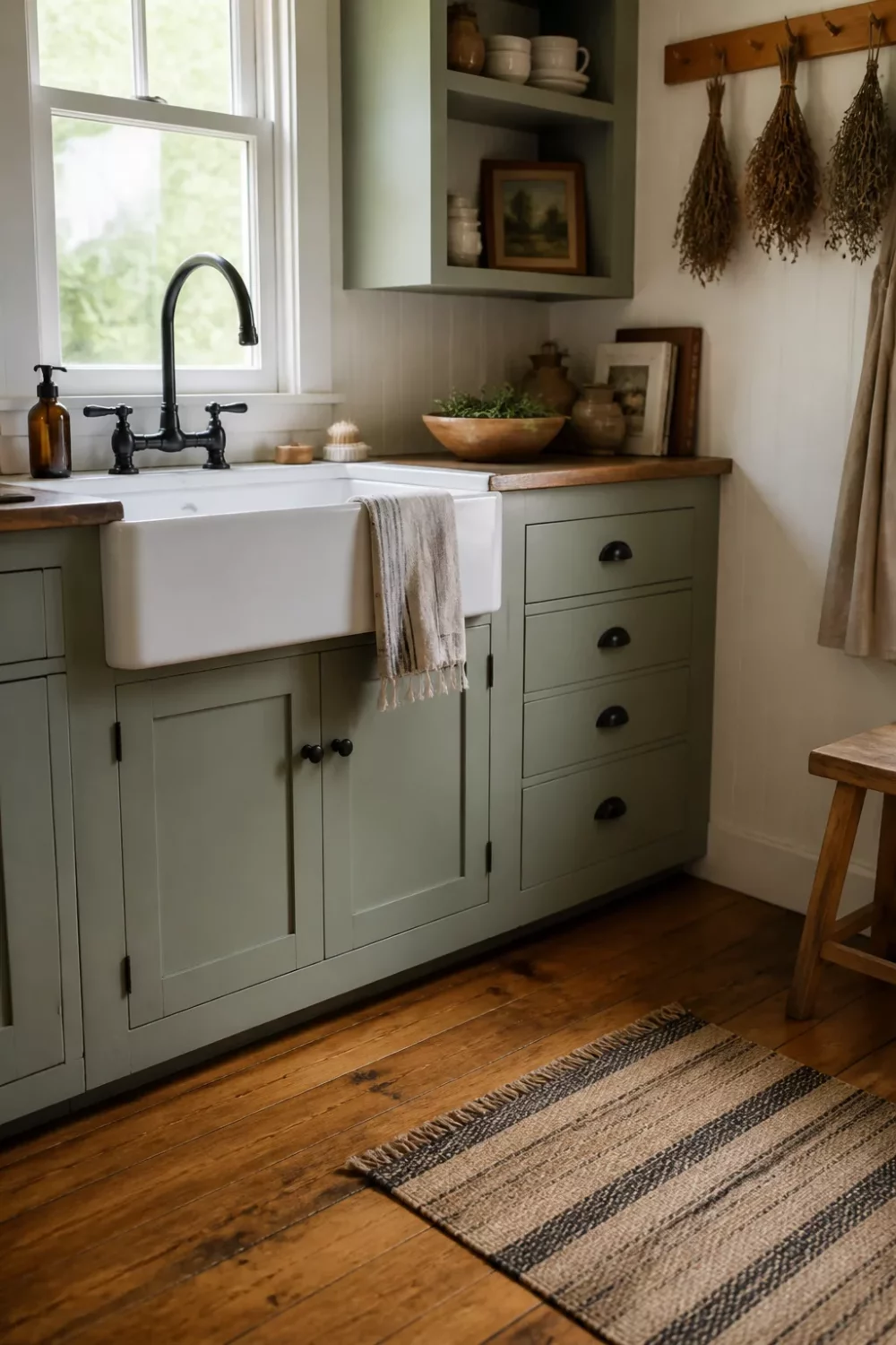 Matte black bridge kitchen faucet over a farmhouse sink with sage green cabinets and wood countertops.