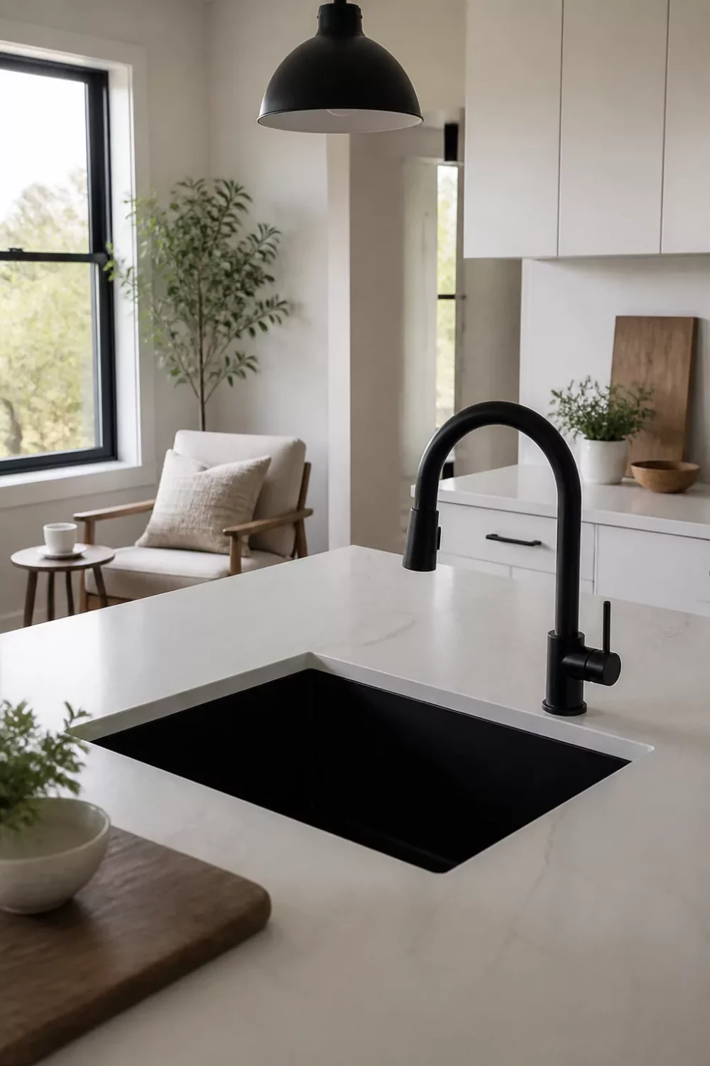 Matte black kitchen faucet and black undermount sink on white quartz island — black kitchen faucets idea