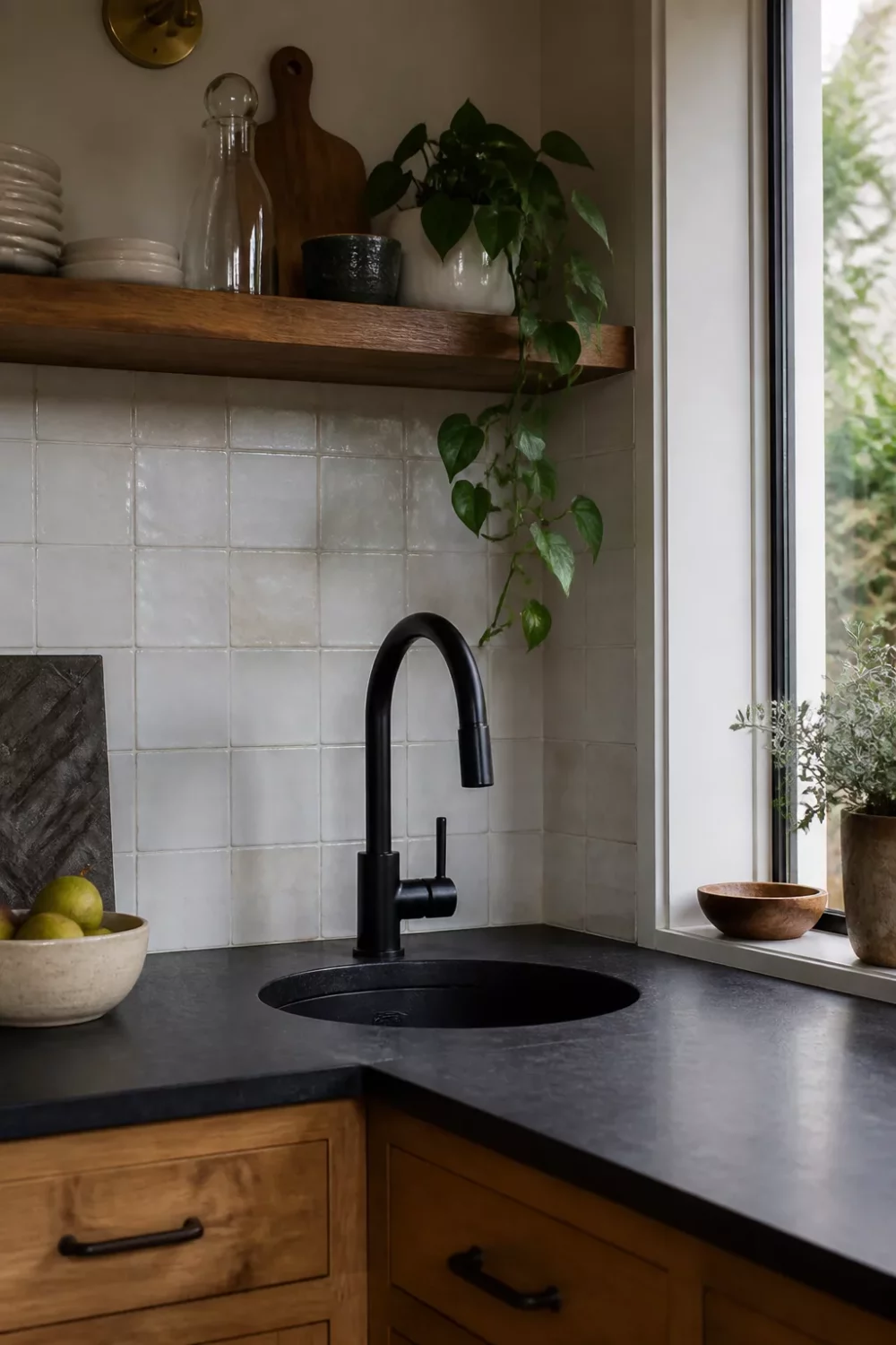 Matte black kitchen faucet with round black sink, oak cabinets, and handmade square tile backsplash.