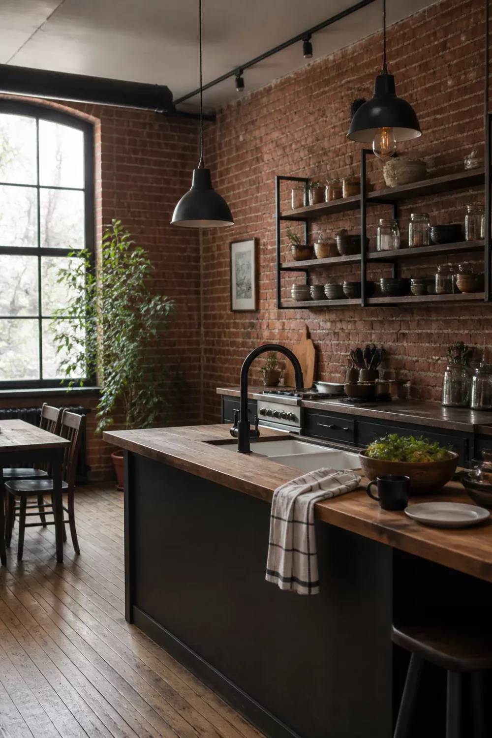 Matte black kitchen faucet on a wood-top island with exposed red brick walls and industrial pendant lights