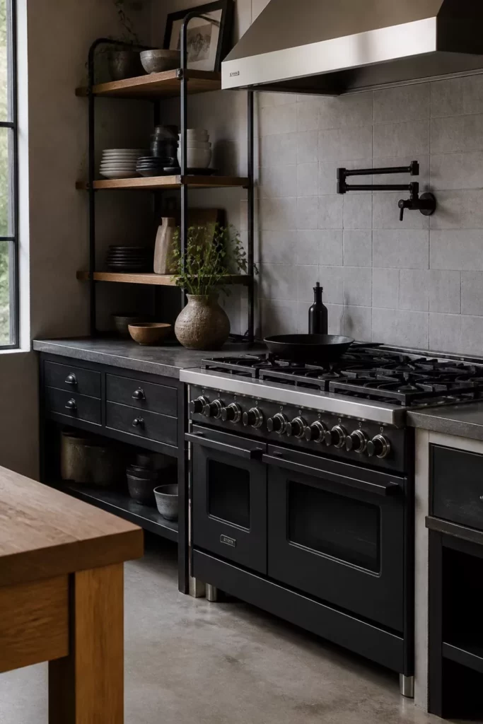 Matte black pot filler faucet above dual-fuel range with gray tile backsplash — black kitchen faucets inspiration