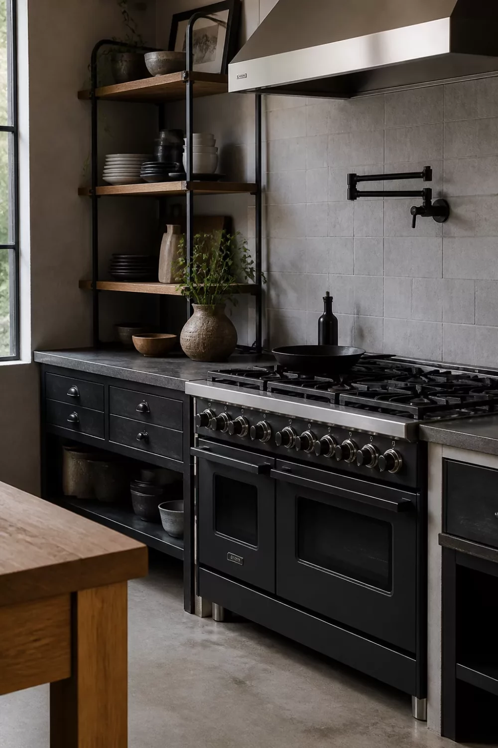 Matte black pot filler faucet above dual-fuel range with gray tile backsplash — black kitchen faucets inspiration