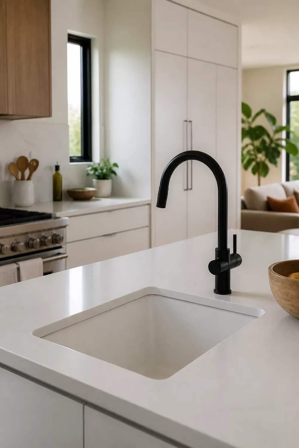 Matte black gooseneck kitchen faucet on a white quartz island — black kitchen faucets in a bright modern kitchen