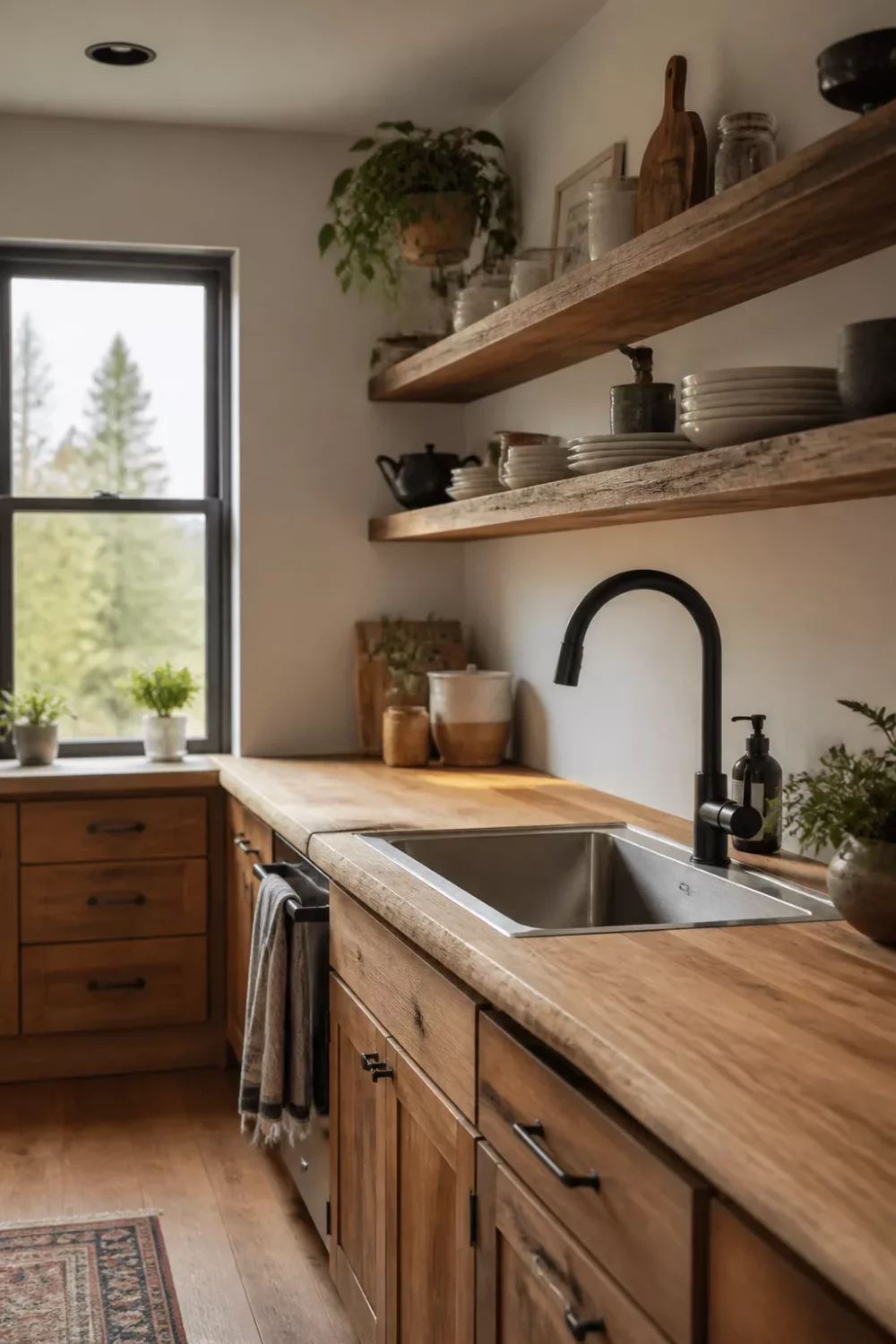 Matte black kitchen faucet paired with butcher block counters and warm wood open shelving in a cozy kitchen