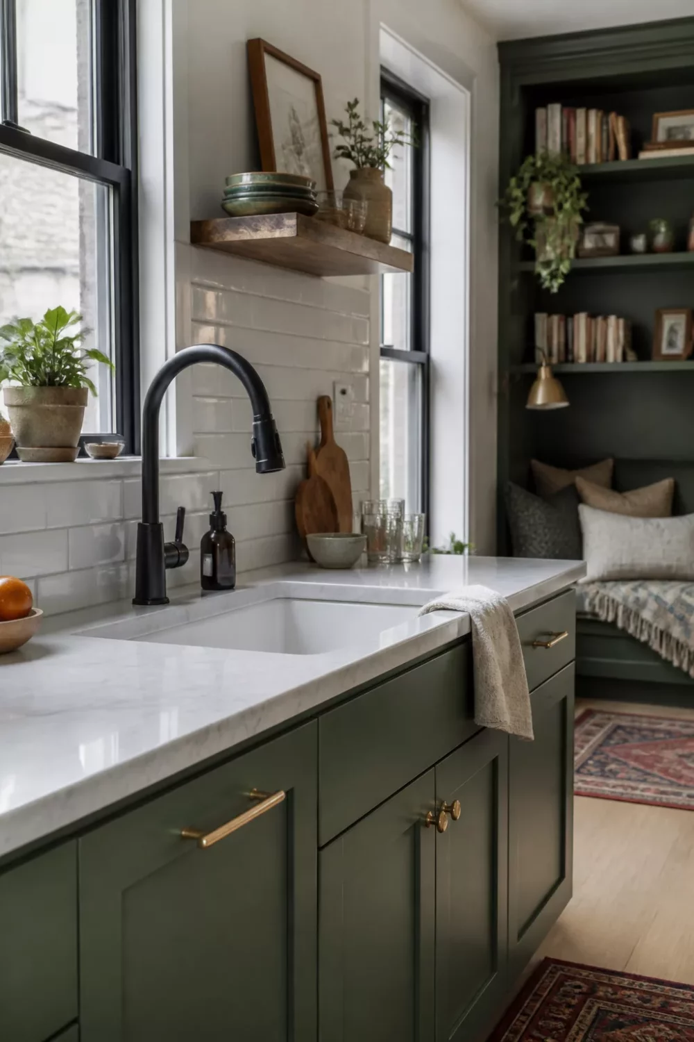 Matte black kitchen faucet paired with deep olive green cabinets, white quartz countertop, and brass pulls.
