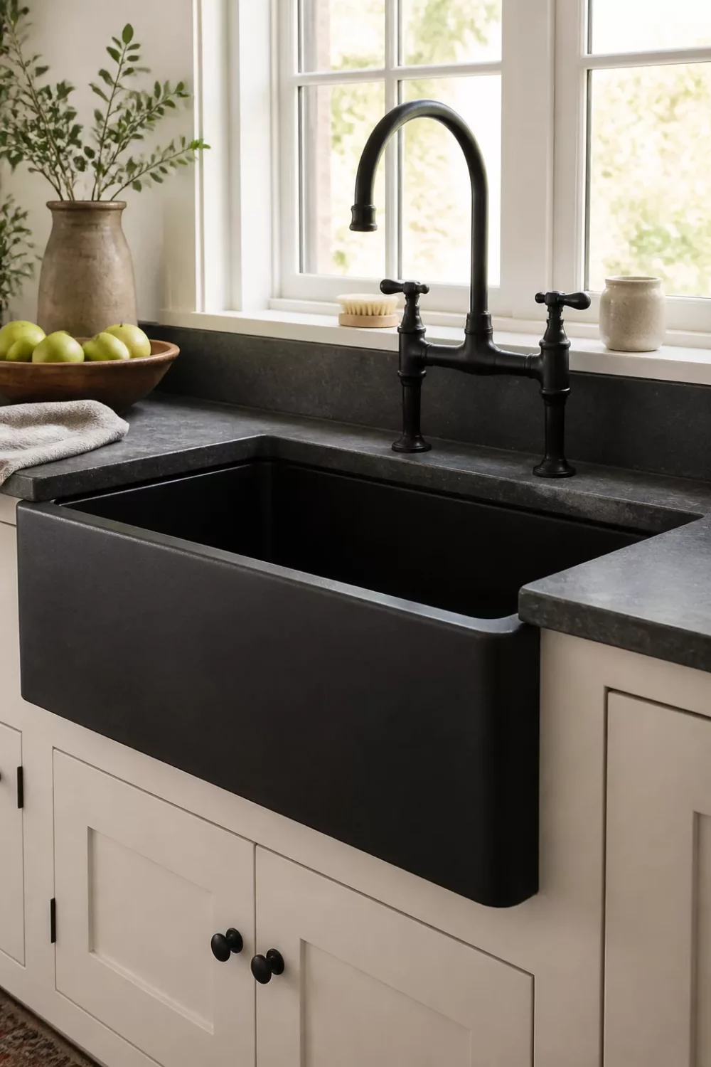 Two-handle matte black bridge faucet over farmhouse sink with soapstone counters — black kitchen faucets inspiration