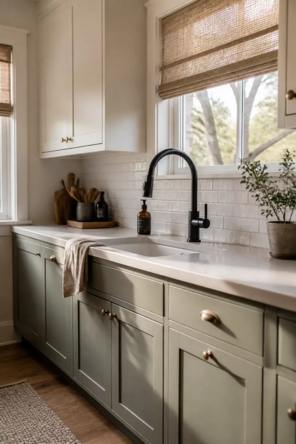 Matte black pull-down kitchen faucet over a white sink with sage green shaker cabinets and subway tile backsplash.