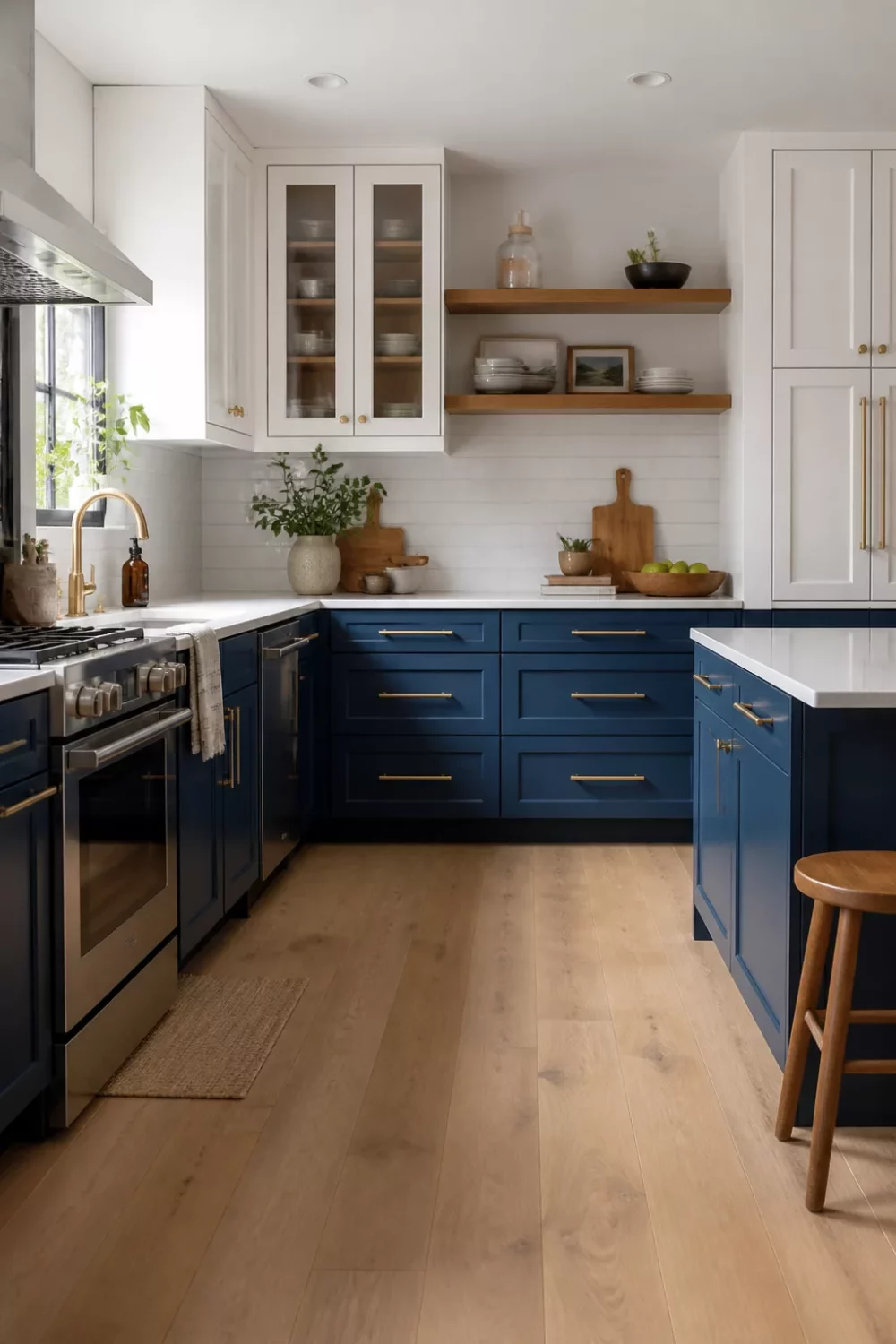 Navy blue kitchen cabinets with gold hardware, white upper cabinets, and open oak shelves — two-tone kitchen design