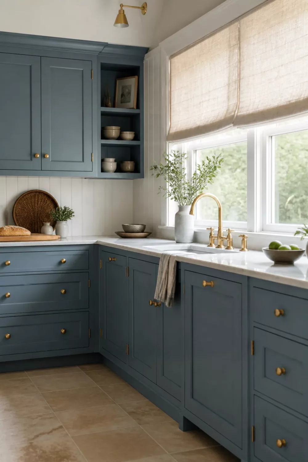 Duck egg blue kitchen cabinets with gold brass hardware, linen roman shade, and marble countertops in a bright kitchen