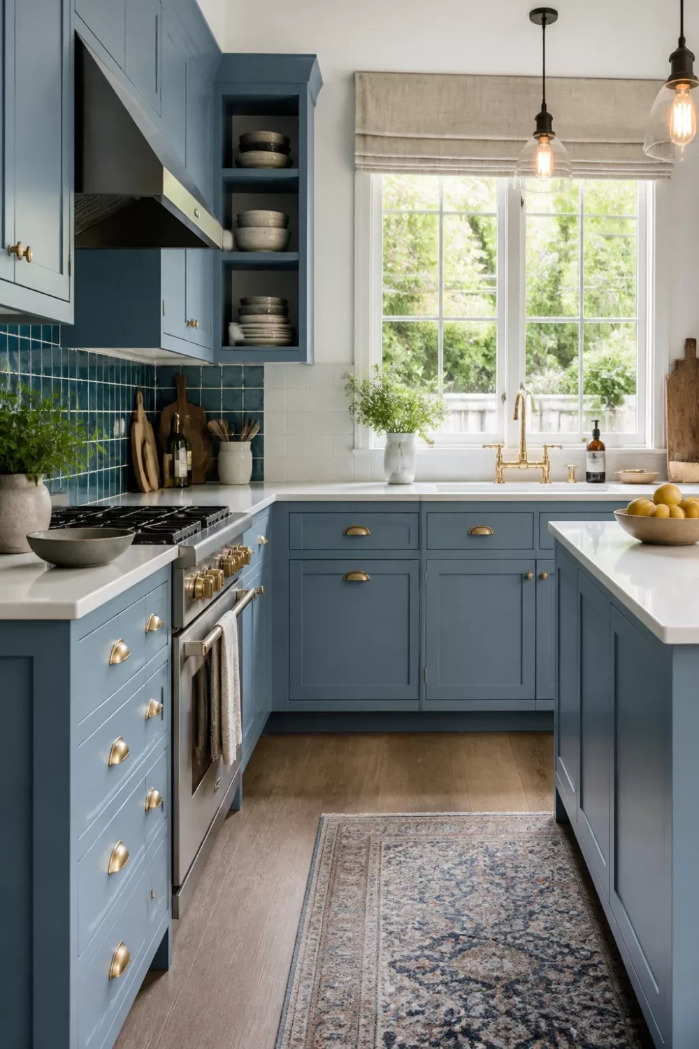 Blue kitchen cabinets with gold hardware, vertical zellige tile backsplash, white quartz counters, and brass pulls.