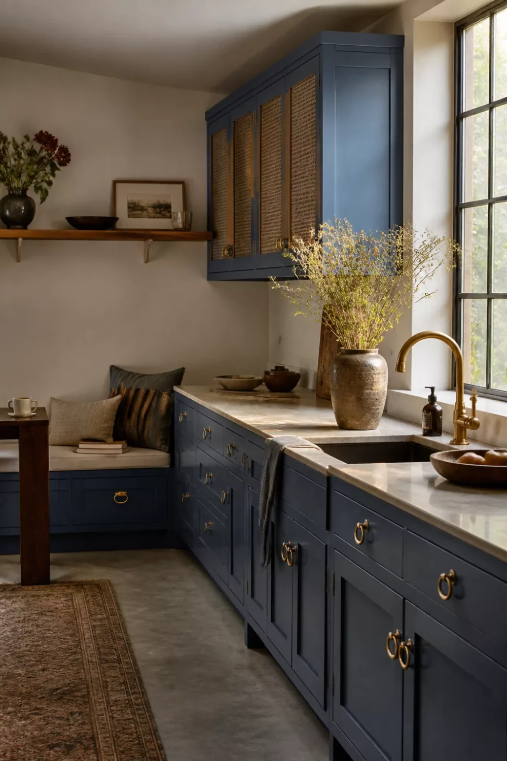 Dusty blue kitchen cabinets with gold ring pulls and rattan-insert uppers — Blue Kitchen Cabinets With Gold Hardware